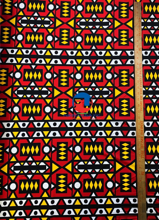 African Print Fabric in Nylon Spandex 4 Way Stretch Fabric - Samakaka Design- Red, Yellow, White, Black