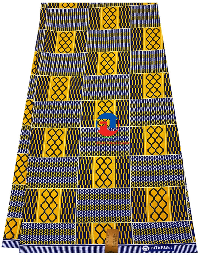 African Kente Cloth; Yellow, Blue, White