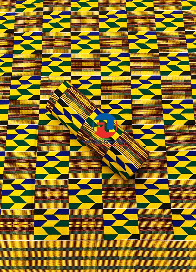 Kente Cloth Fabric; Golden Yellow, Green, Blue, Green