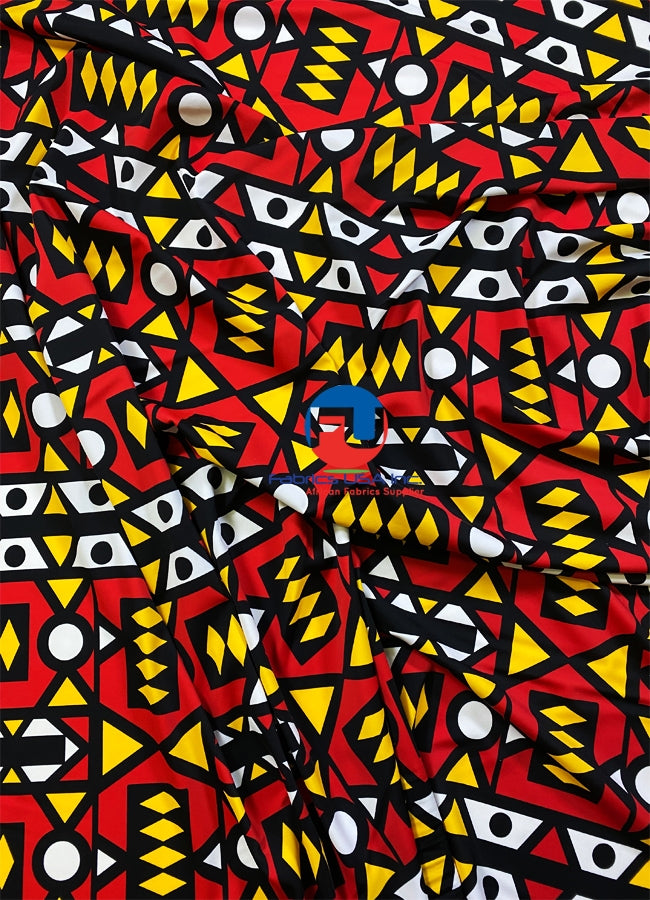 African Print Fabric in Nylon Spandex 4 Way Stretch Fabric - Samakaka Design- Red, Yellow, White, Black