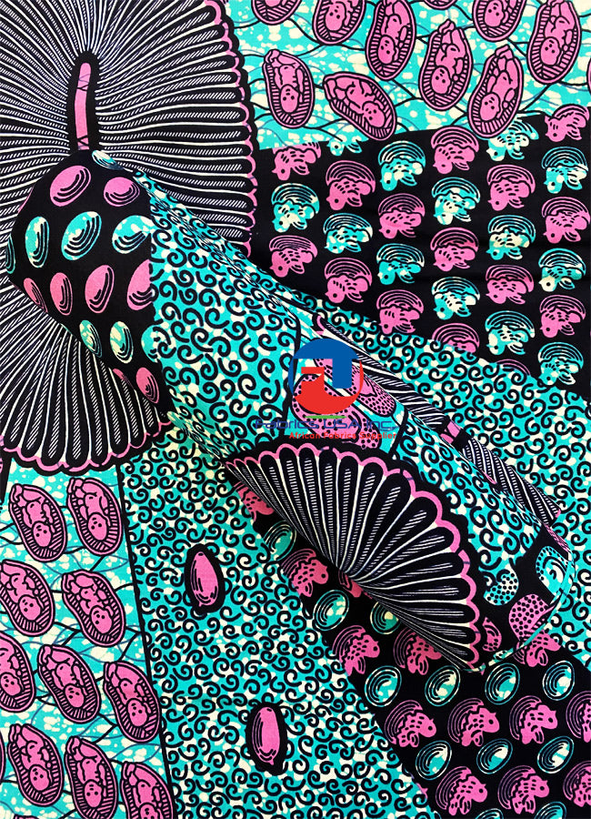 Ankara Print Fabric- Motherhood Pattern- Pink, Turquoise, Black, Dark-Blue, White