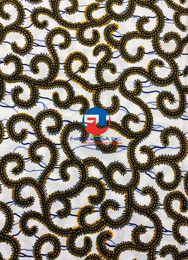 African Wax Print- Macaroni-White,Yellow,Black