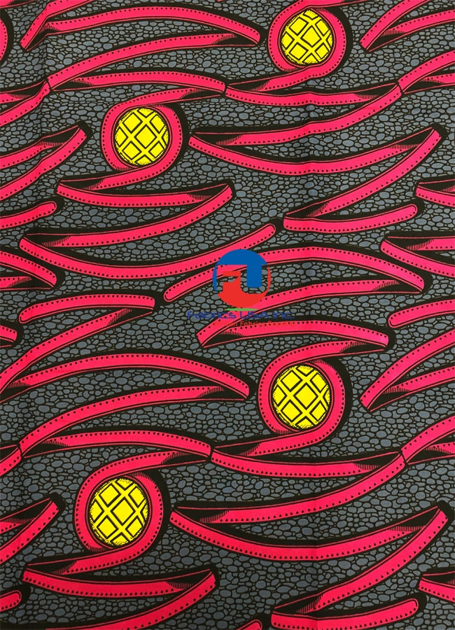 Ankara Wax Print Fabric- Ruby Pink, Lead-Gray, Yellow, Black