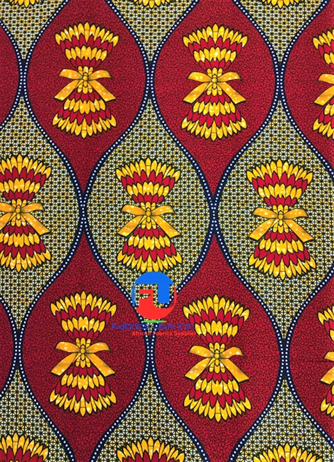 African Wax Print- Red, Yellow-Gold, Black