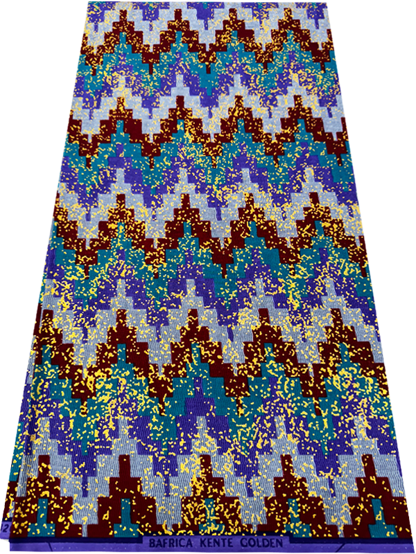 African Metallic Gold Kente Prints in Authentic Design- Metallic Gold, Sky-blue, Lilac, Dark-red