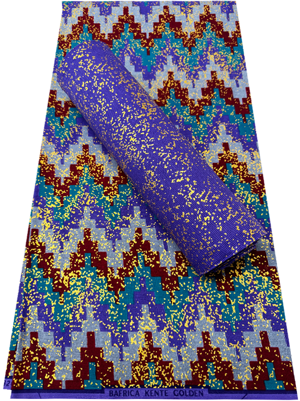 African Metallic Gold Kente Prints in Authentic Design- Metallic Gold, Sky-blue, Lilac, Dark-red