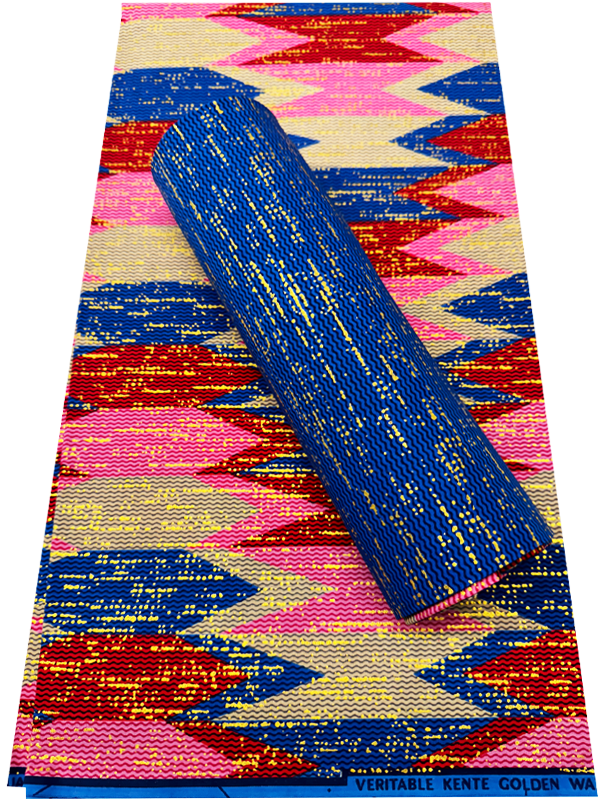 African Metallic Gold Kente Prints in Authentic Design-Metallic Gold, Red, Pink, Blue, Ivory-Cream
