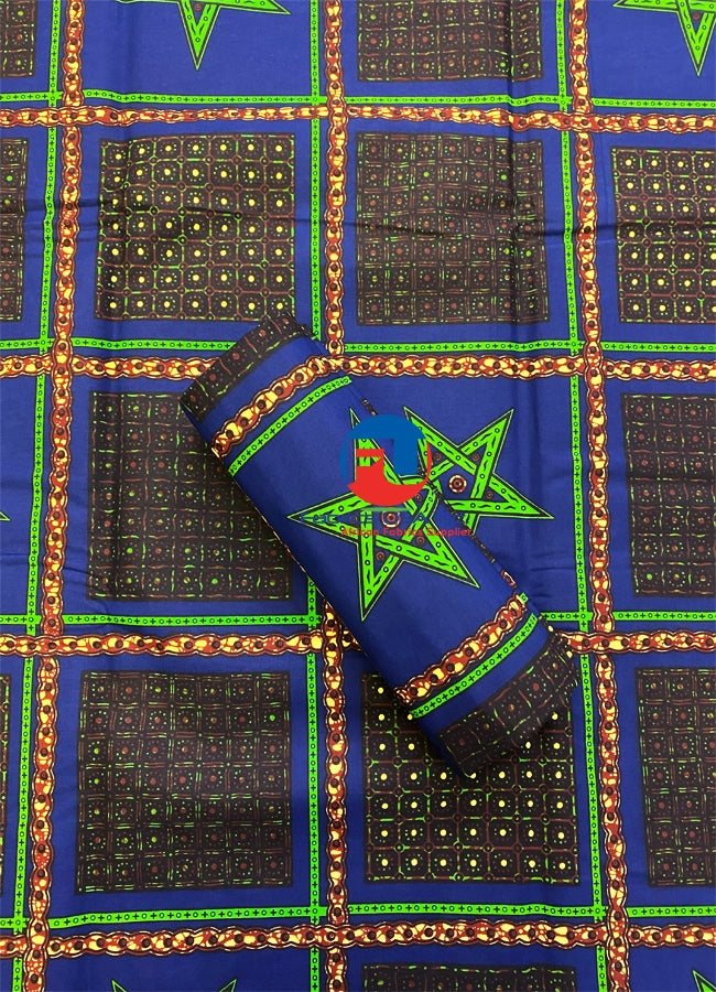 African Wax Print; Blue, Green, Cream, Dark Choco Brown