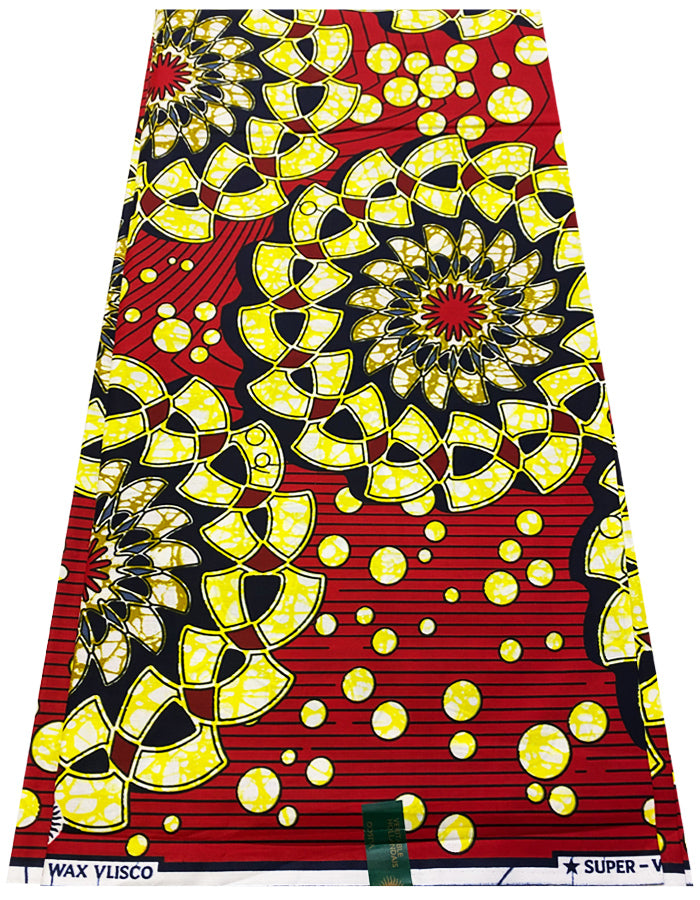 Veritable Block Prints Super Wax Print- Red, Yellow, White, Black, Olive-Green