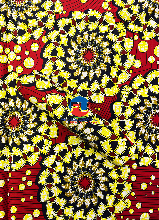 Veritable Block Prints Super Wax Print- Red, Yellow, White, Black, Olive-Green