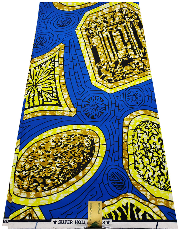 Super Wax Hollandais Veritable Print- Blue, Yellow, Olive-Green, White, Black