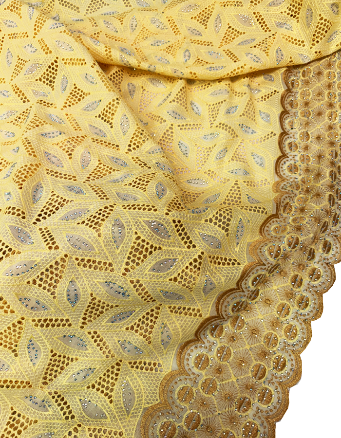Swiss Voile Lace Fabric- Yellow-Cream and Gold with tiny stone