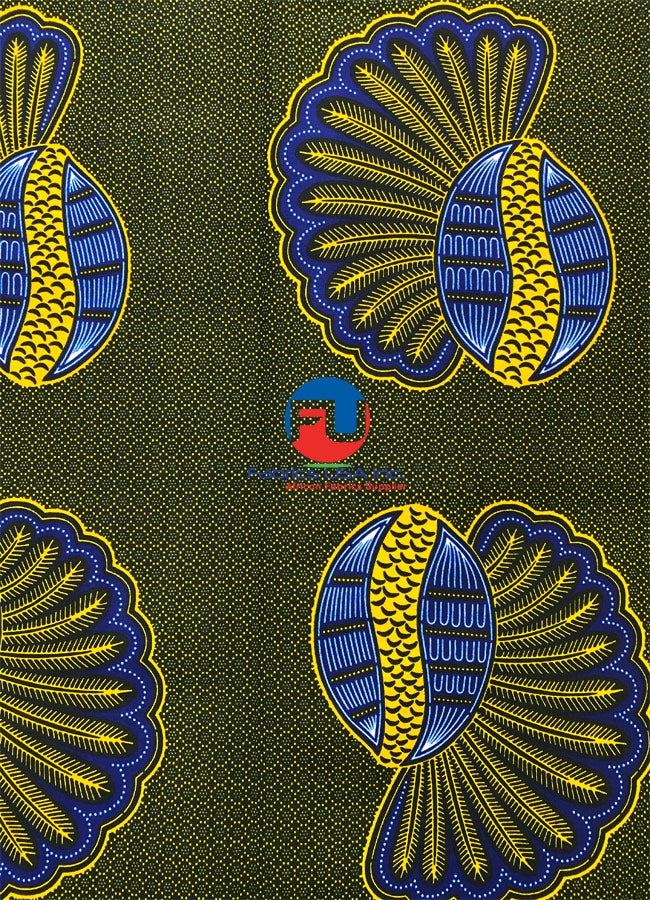 African Wax Print Fabric; Banana Blossom- Green, Yellow, Blue