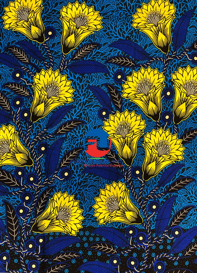 African Ankara Wax Printed, Floral- Royal-Blue,Yellow , Black