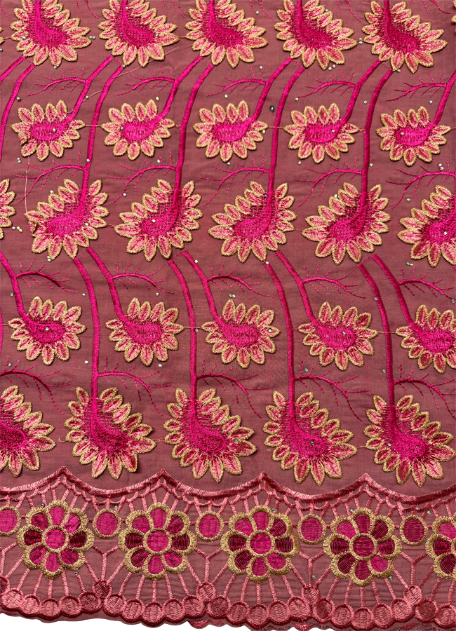 High End Super Quality Swiss Voile Lace-Pink, Light-Pink , Metallic Thread Gold- 3D