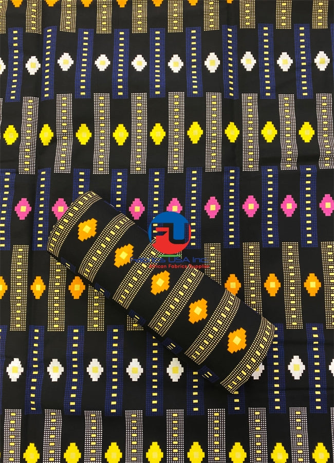 African Kente Fabric; Black, Blue, Pink, White, Off-White, Orange