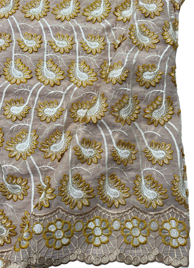 High End Super Quality Swiss Voile Lace- Gold , Ivory-Cream and Metallic Thread Gold-3D