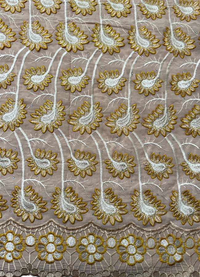 High End Super Quality Swiss Voile Lace- Gold , Ivory-Cream and Metallic Thread Gold-3D