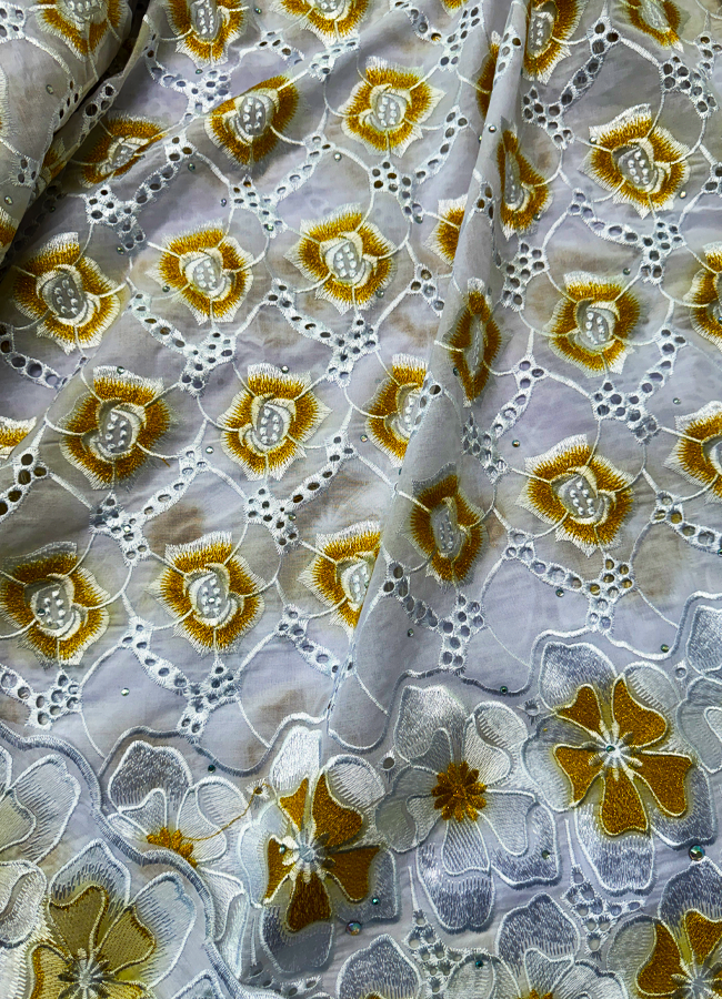 High Quality Swiss Voile Lace with tiny Stone- Gold and White-5 Yards-For Dresses