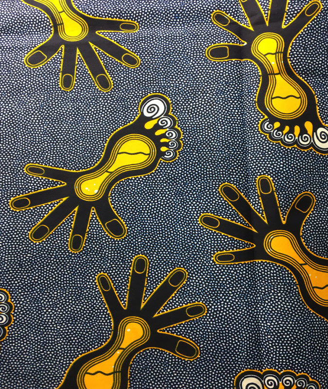 African Print Fabric; Oxford Blue, Yellow Orange
