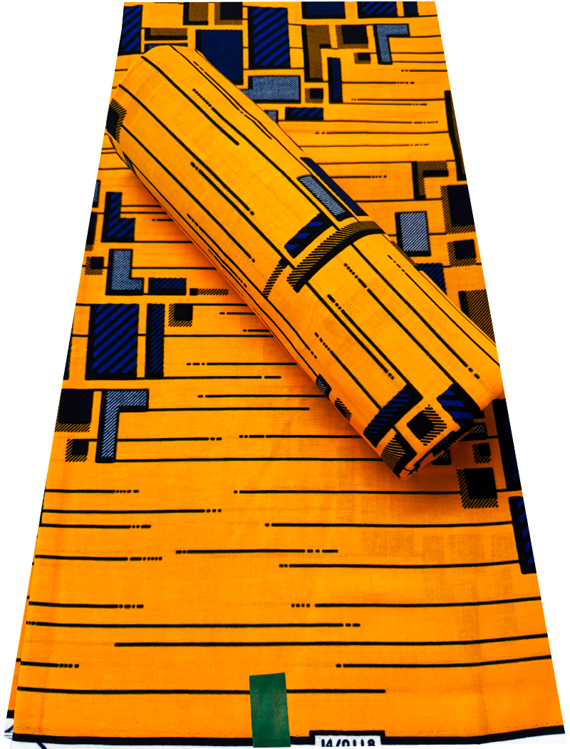 High Quality African Wax Print - Building Design- Yellow, Black, White, Royal-Blue