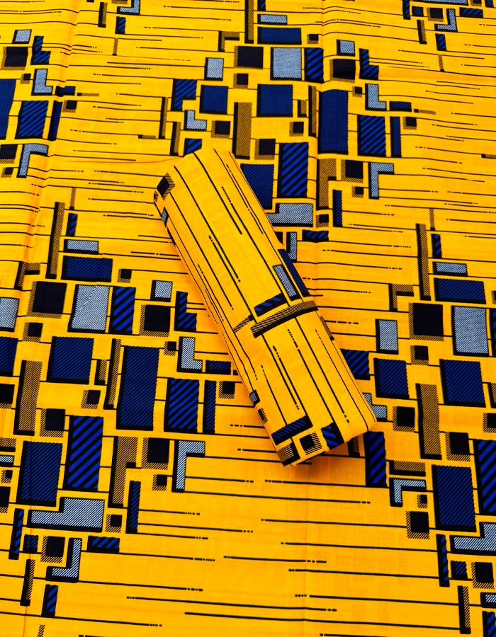 High Quality African Wax Print - Building Design- Yellow, Black, White, Royal-Blue