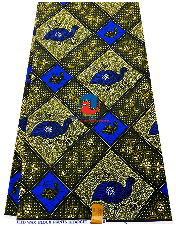 Veritable Wax Block Print Hi-Target- Peachicks- Royal-Blue, White, Olive-Green, Black