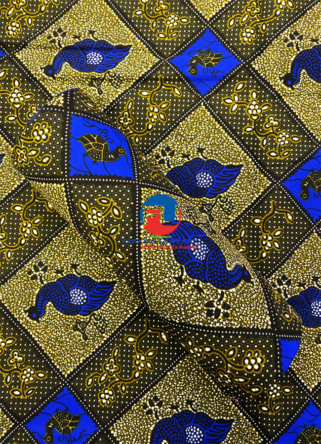 Veritable Wax Block Print Hi-Target- Peachicks- Royal-Blue, White, Olive-Green, Black