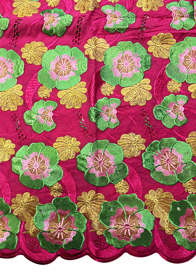 Embroidery Swiss Voile Lace with Stone- Fuchsia Apple Green Gold Pink