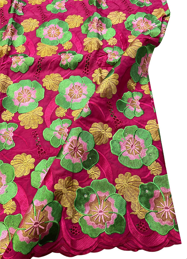 Embroidery Swiss Voile Lace with Stone- Fuchsia Apple Green Gold Pink