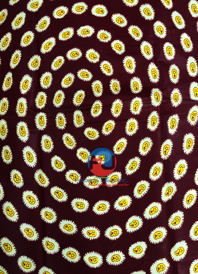 African Wax Print Polished- Dark-Red, Cream, Yellow