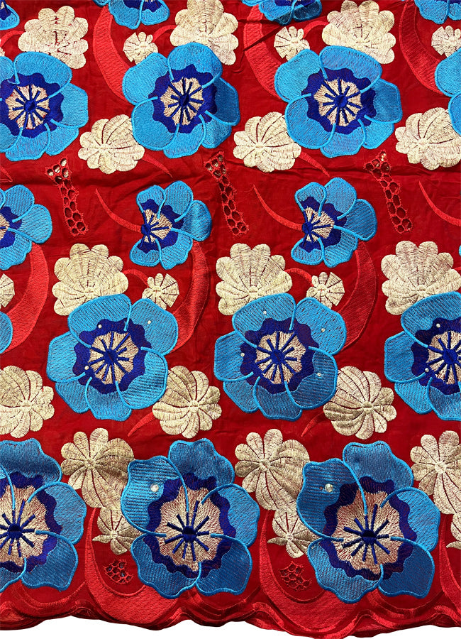 Embroidery Swiss Voile Lace with Stone-Red Azure Blue Sky Blue Peach