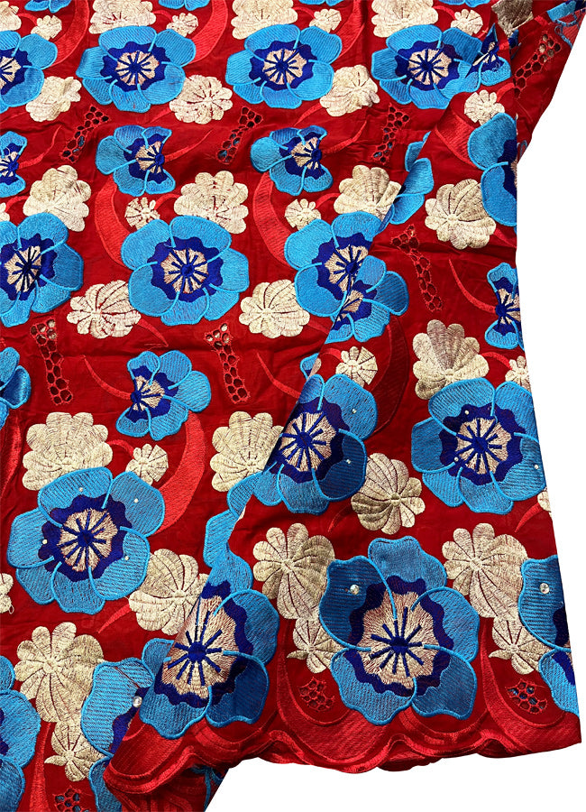 Embroidery Swiss Voile Lace with Stone-Red Azure Blue Sky Blue Peach