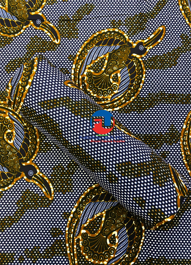 African Wax Print Fabric-in Classic Design Brown Navy-Blue White Black