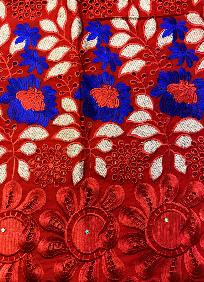 High Quality Swiss Voile Lace Red, Royal Blue & Metallic Light Gold