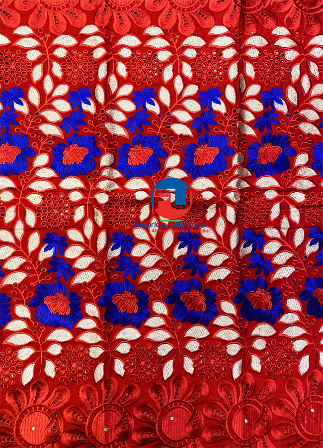 High Quality Swiss Voile Lace Red, Royal Blue & Metallic Light Gold