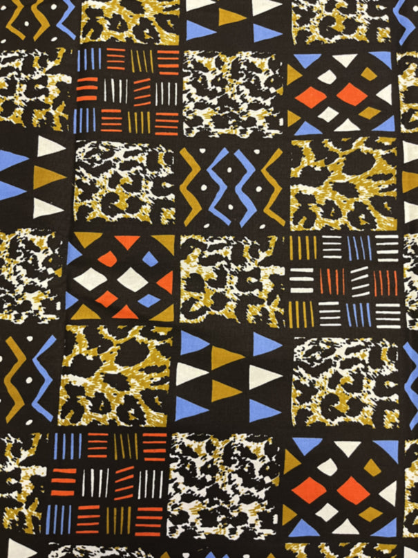 African Fabric Patchwork- Black White Brown Orange Blue