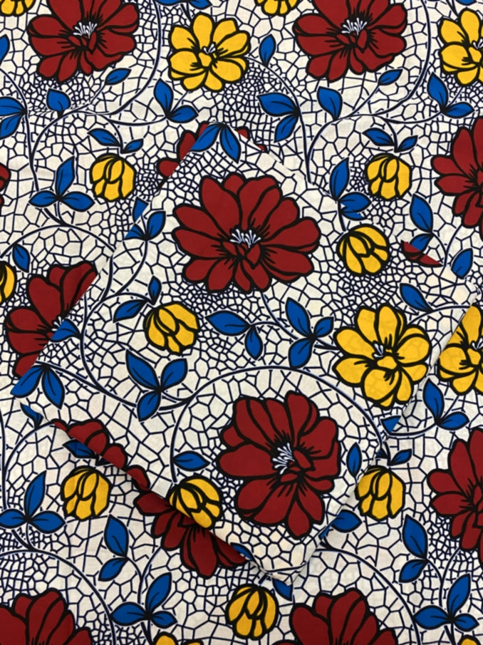 African Floral Wax Print- Red, Yellow, White, Blue