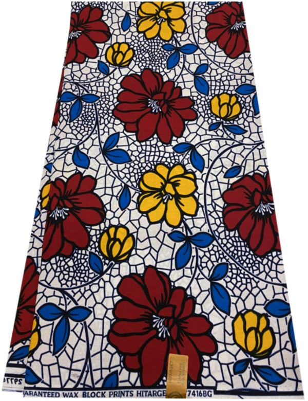 African Floral Wax Print- Red, Yellow, White, Blue