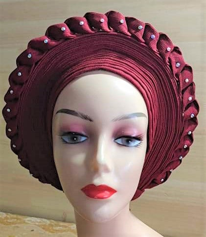 BURGUNDY- Auto Gele Nigeria Headtie African Head Wraps Gele with Shoulder Shawl/ Strap with Stones - For all Occasions-