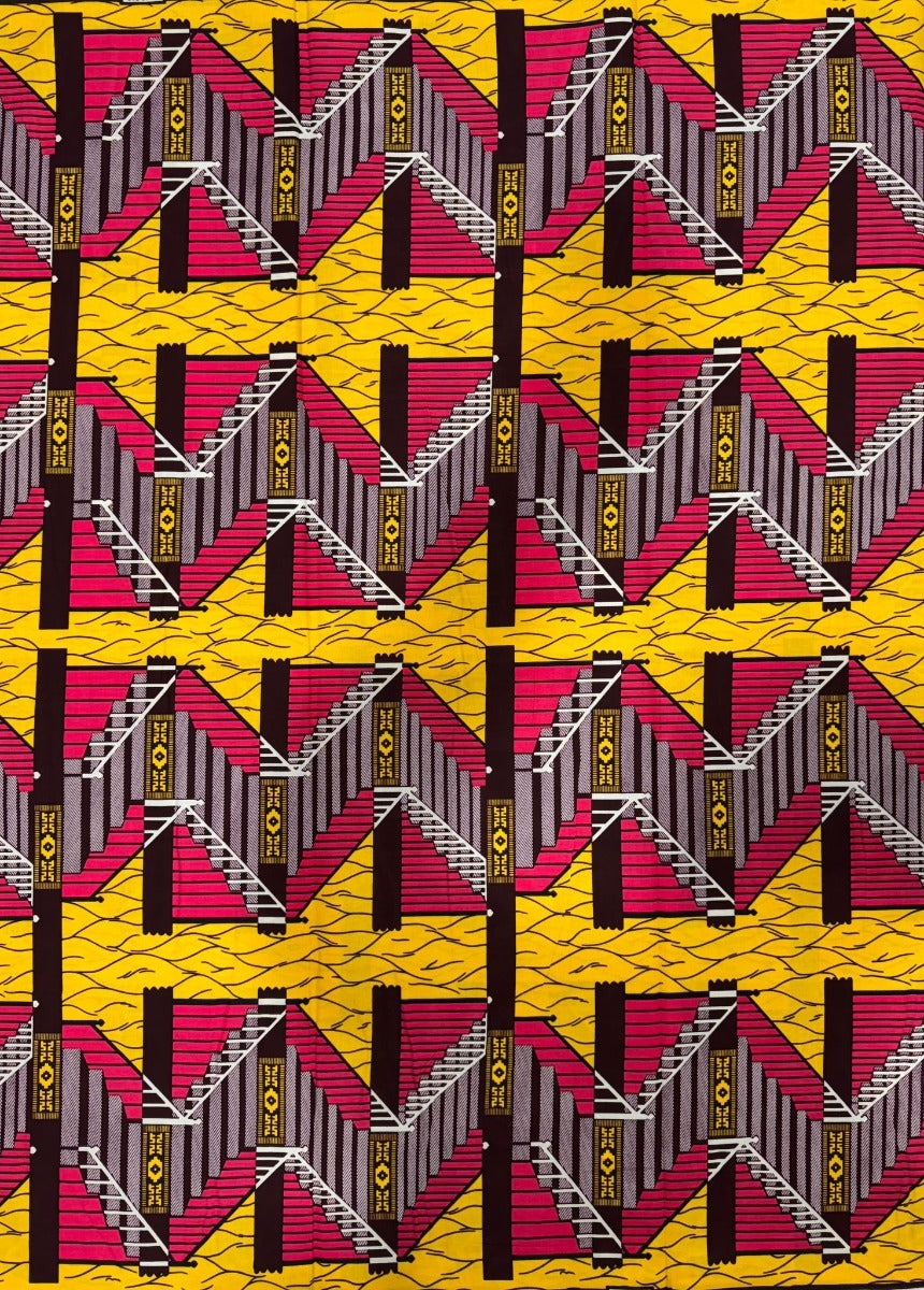 African Kente Prints in Authentic Design- Staircase Design- Pink, Chocolate Brown, Yellow, White