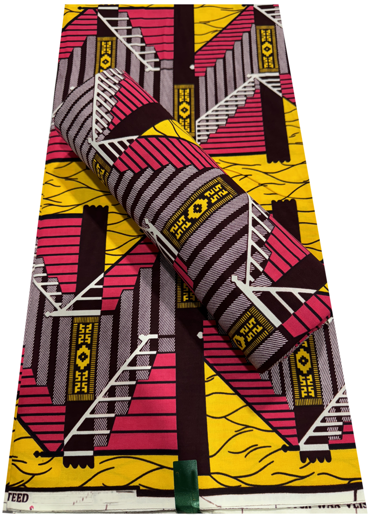 African Kente Prints in Authentic Design- Staircase Design- Pink, Chocolate Brown, Yellow, White