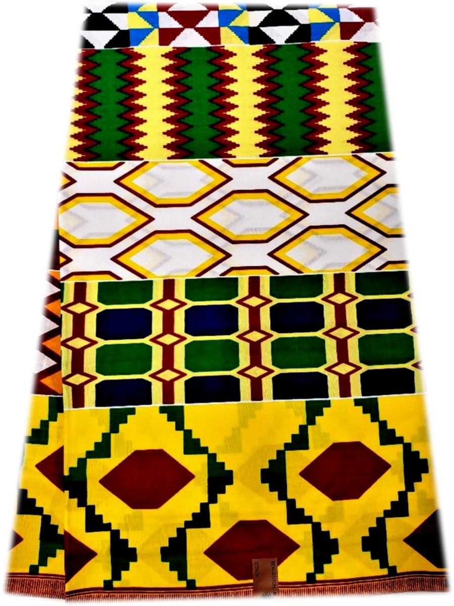 African Kente Prints in Authentic Design-Yellow,Green,White,Blue