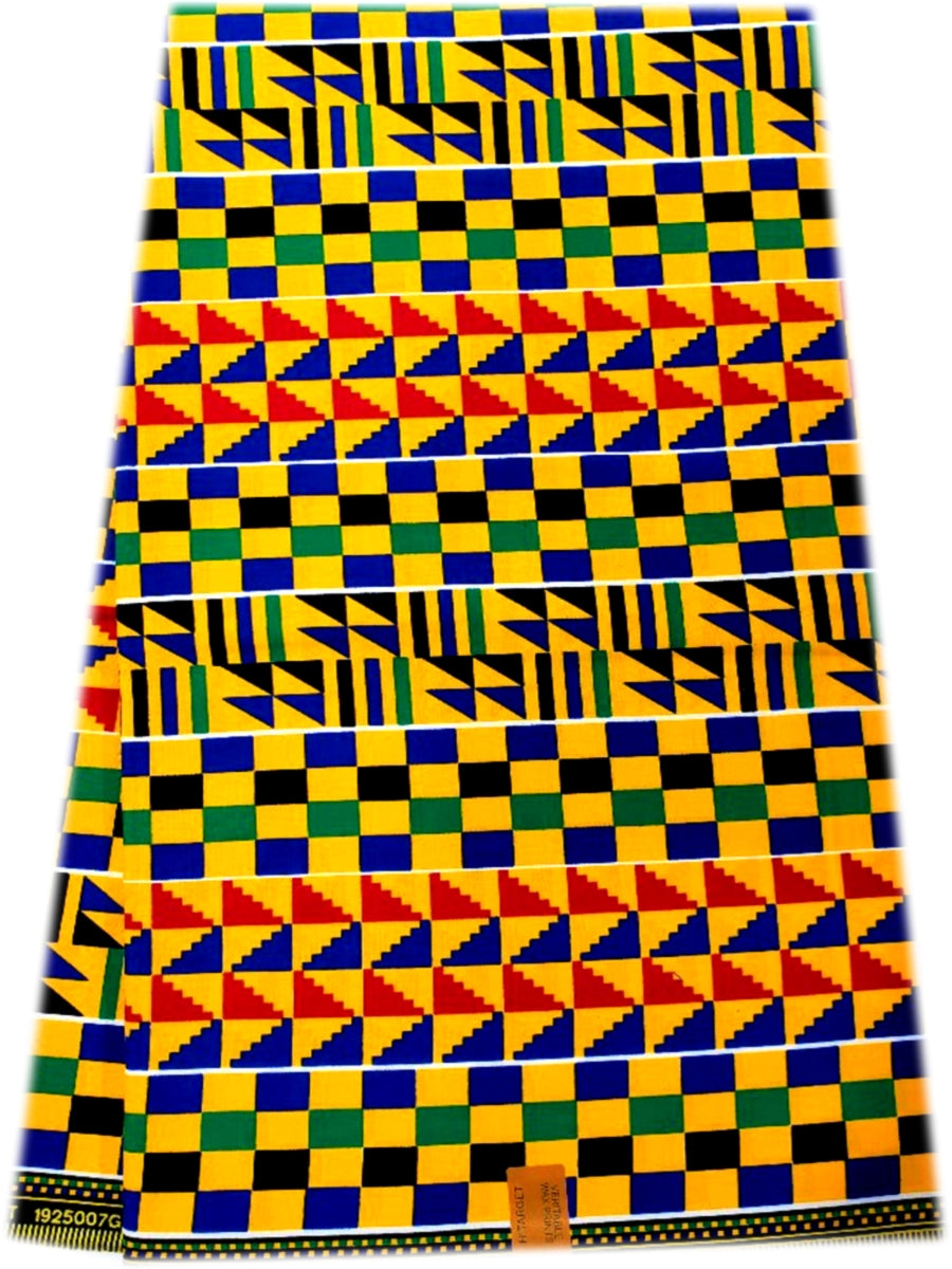 African Kente Prints in Authentic Design-Yellow,Green,White,Blue