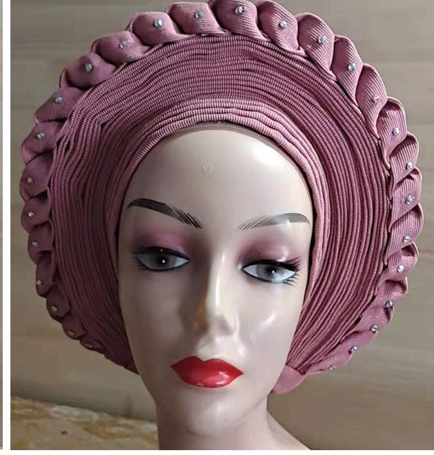 PINK - Auto Gele Nigeria Headtie African Head Wraps Gele with Shoulder Shawl/ Strap with Stones - For all Occasions-