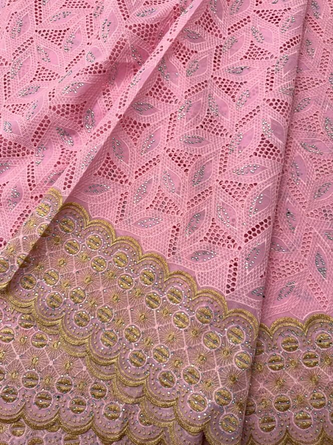 Nigerian Baby Pink and Gold Voile Cotton Lace