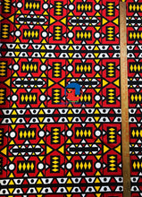 Load image into Gallery viewer, African Print Fabric  in Nylon Spandex  4 Way Stretch  Fabric - Samakaka Design- Red, Yellow, White, Black
