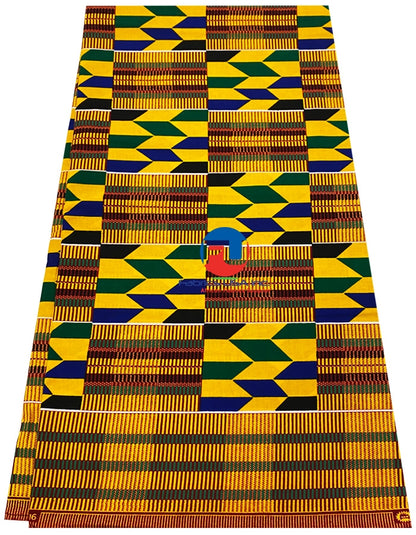 Kente Cloth Fabric; Golden Yellow, Green, Blue, Green