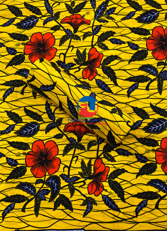 Hibiscus Flower African Wax Prints- Yellow Red White Black Blue