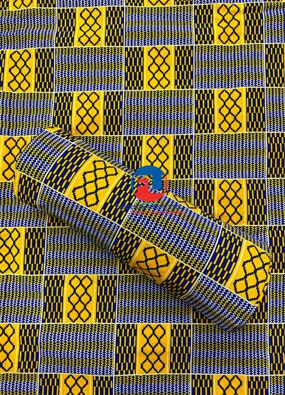 African Kente Cloth;  Yellow, Blue, White